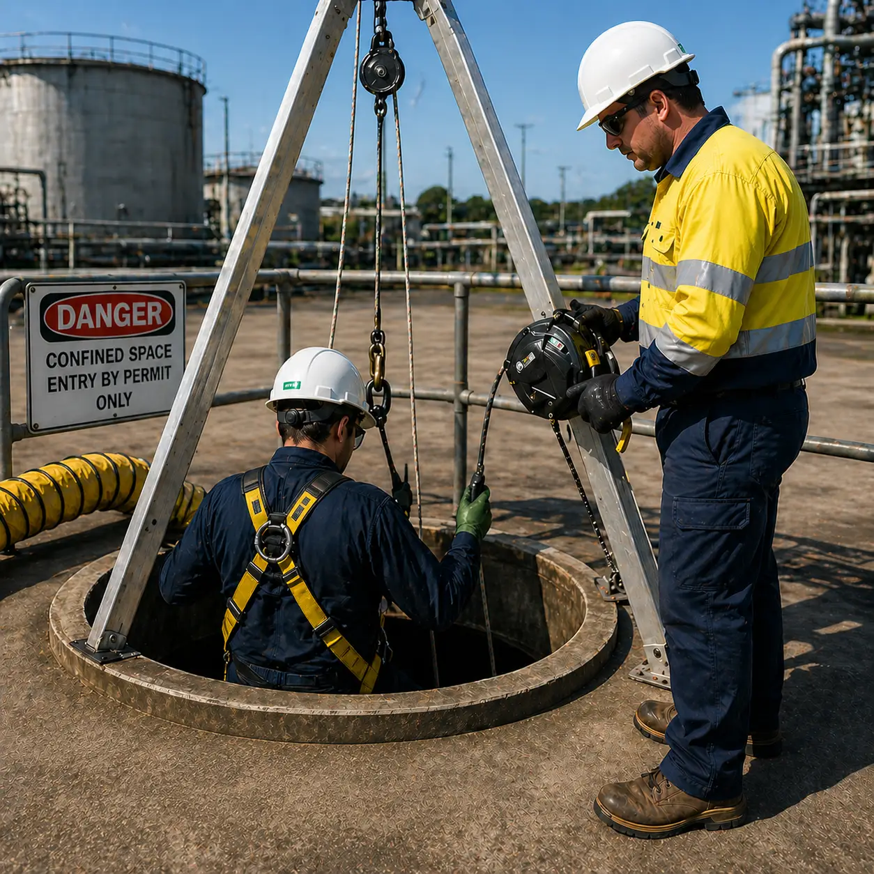 A worker in a harness entering a confined space under a tripod while a second worker operates the retrieval winch