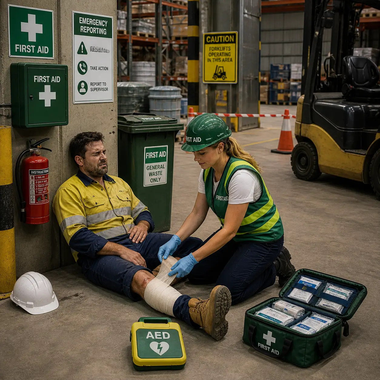 A first aider bandaging an injured worker beside a first aid kit and defibrillator