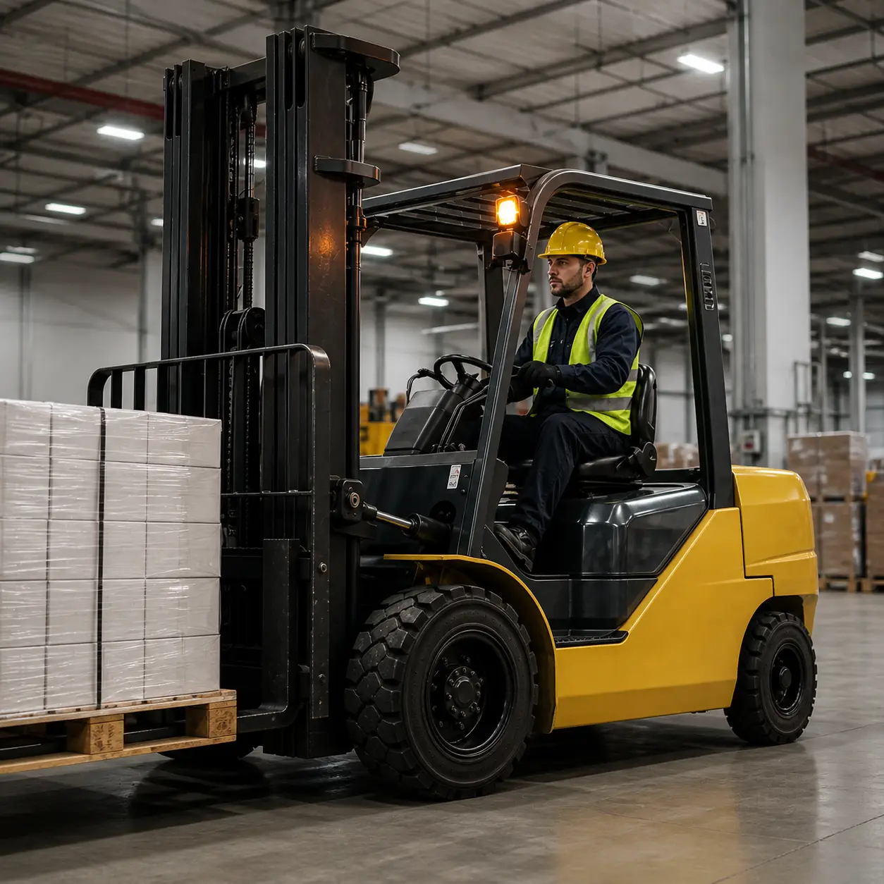 A forklift operator carrying a wrapped pallet through a warehouse