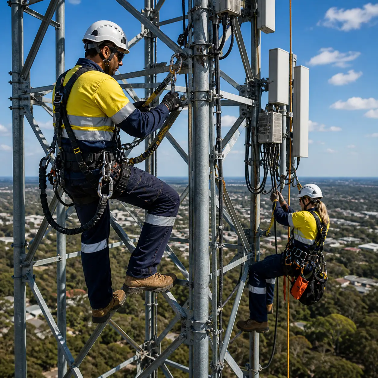 Two workers in harnesses climbing and rigging on a telecommunications tower