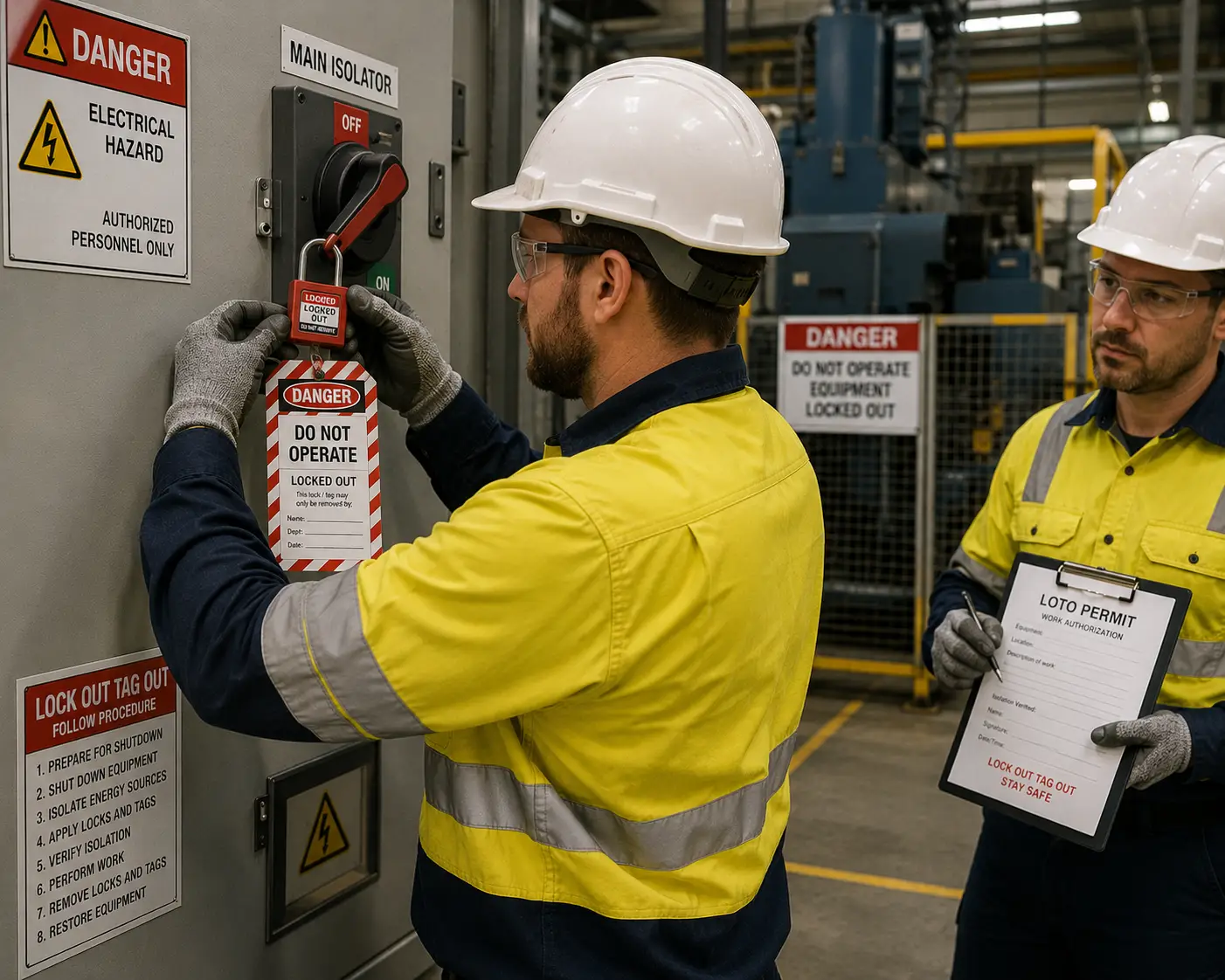 A worker applying a lockout tag to a main isolator while a colleague completes the permit